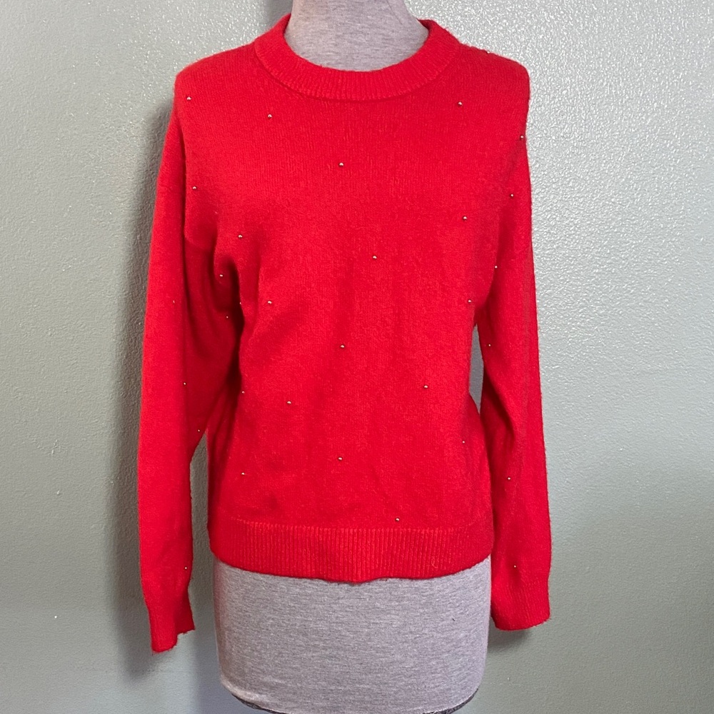 H&M Red Women's Crew Neck Sweater With Silver Embellishments